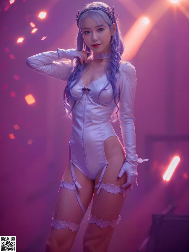 A woman in a white bodysuit and stockings posing for a picture.