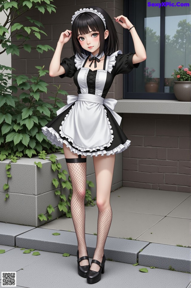 A woman dressed in a maid outfit posing for a picture.