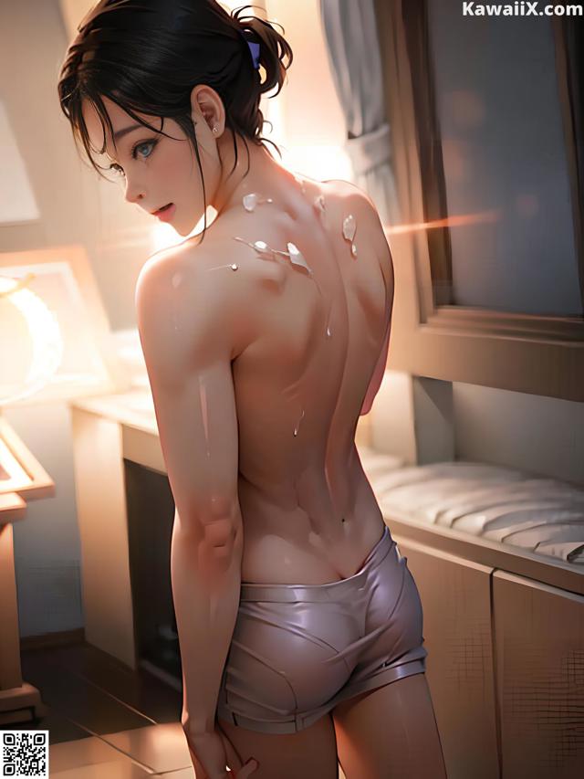 A woman in a bathroom with a lot of water on her body.