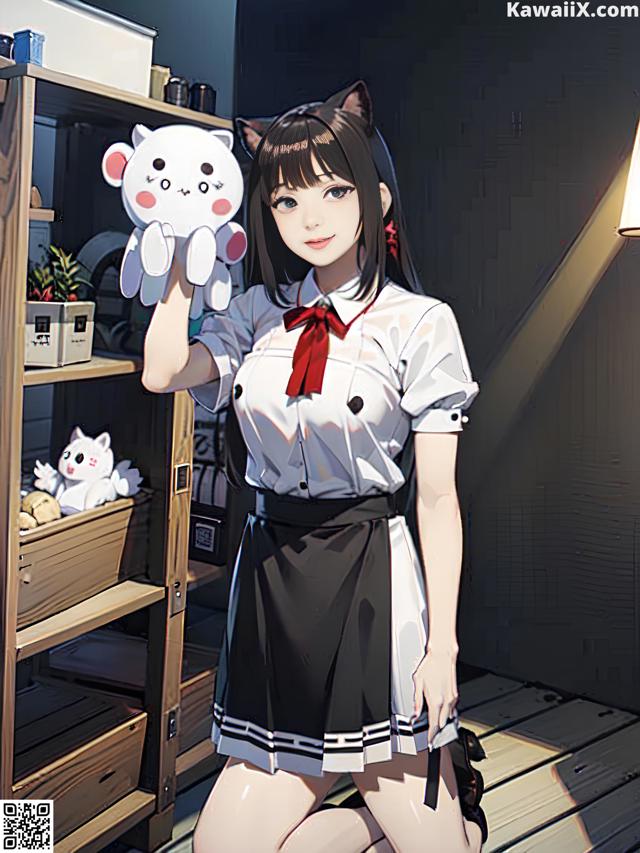 A woman in a maid outfit holding a stuffed animal.