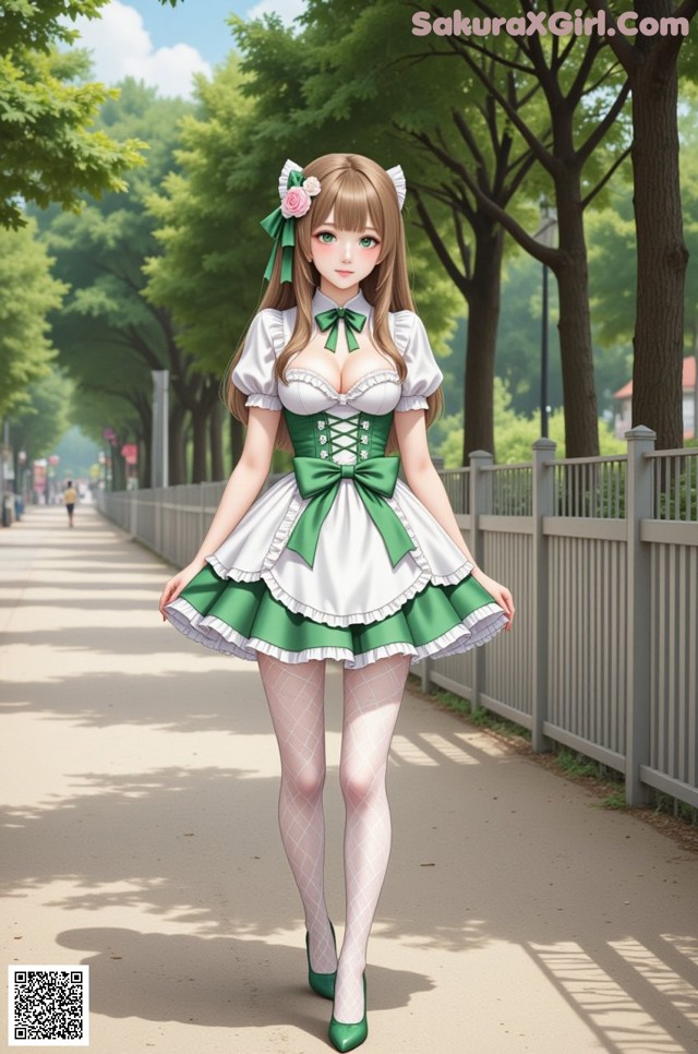 A woman in a green and white dress is walking down a sidewalk.