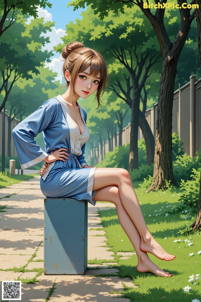 A woman sitting on top of a blue box in a park.