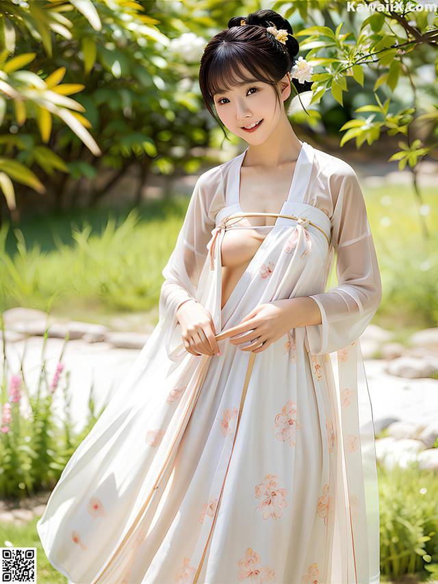 A woman in a white and orange dress posing for a picture.