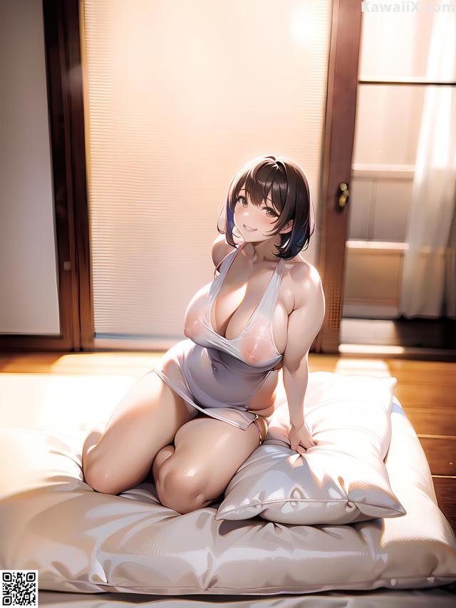 A woman sitting on top of a bed next to a window.