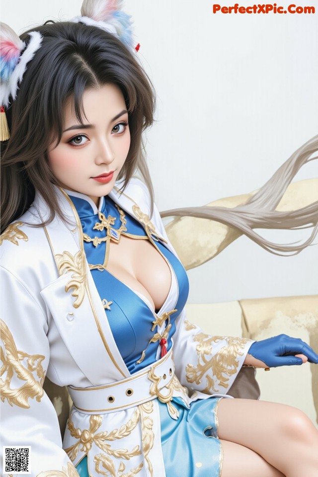 A woman in a blue and white outfit sitting on a couch.