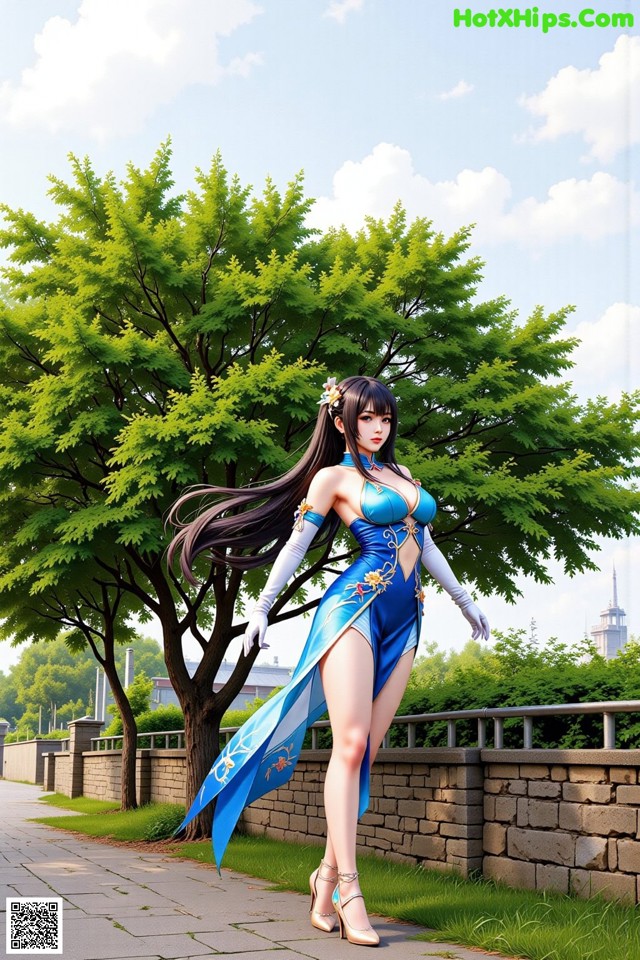 A woman in a blue dress standing next to a tree.