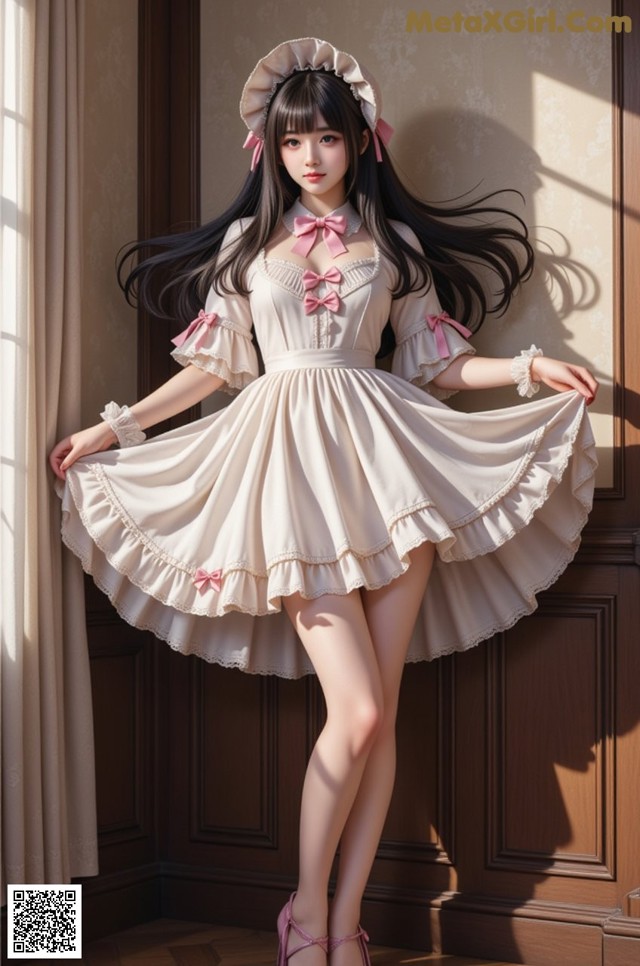 A woman in a white dress and pink shoes posing for a picture.