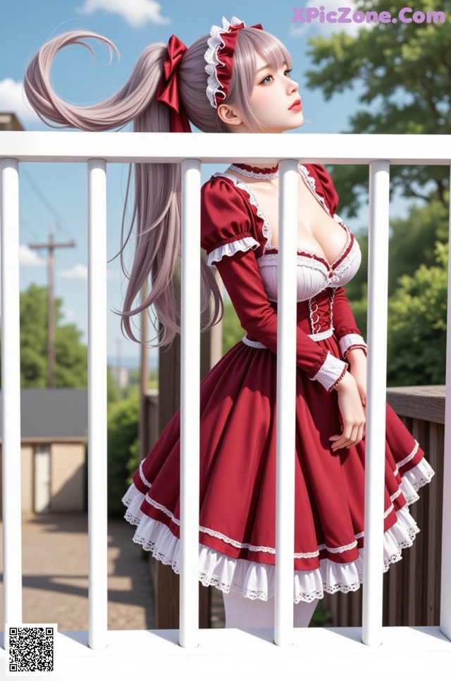 A woman in a red and white dress standing on a balcony.