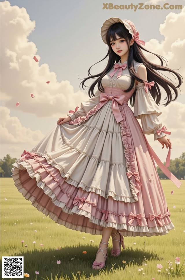 A girl in a pink dress and hat standing in a field.