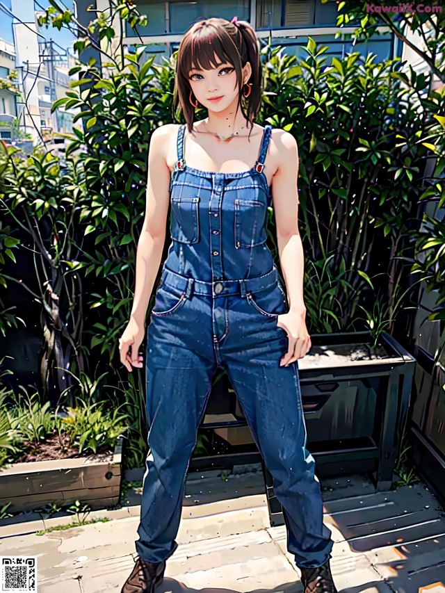 A woman in a blue jumpsuit posing for a picture.